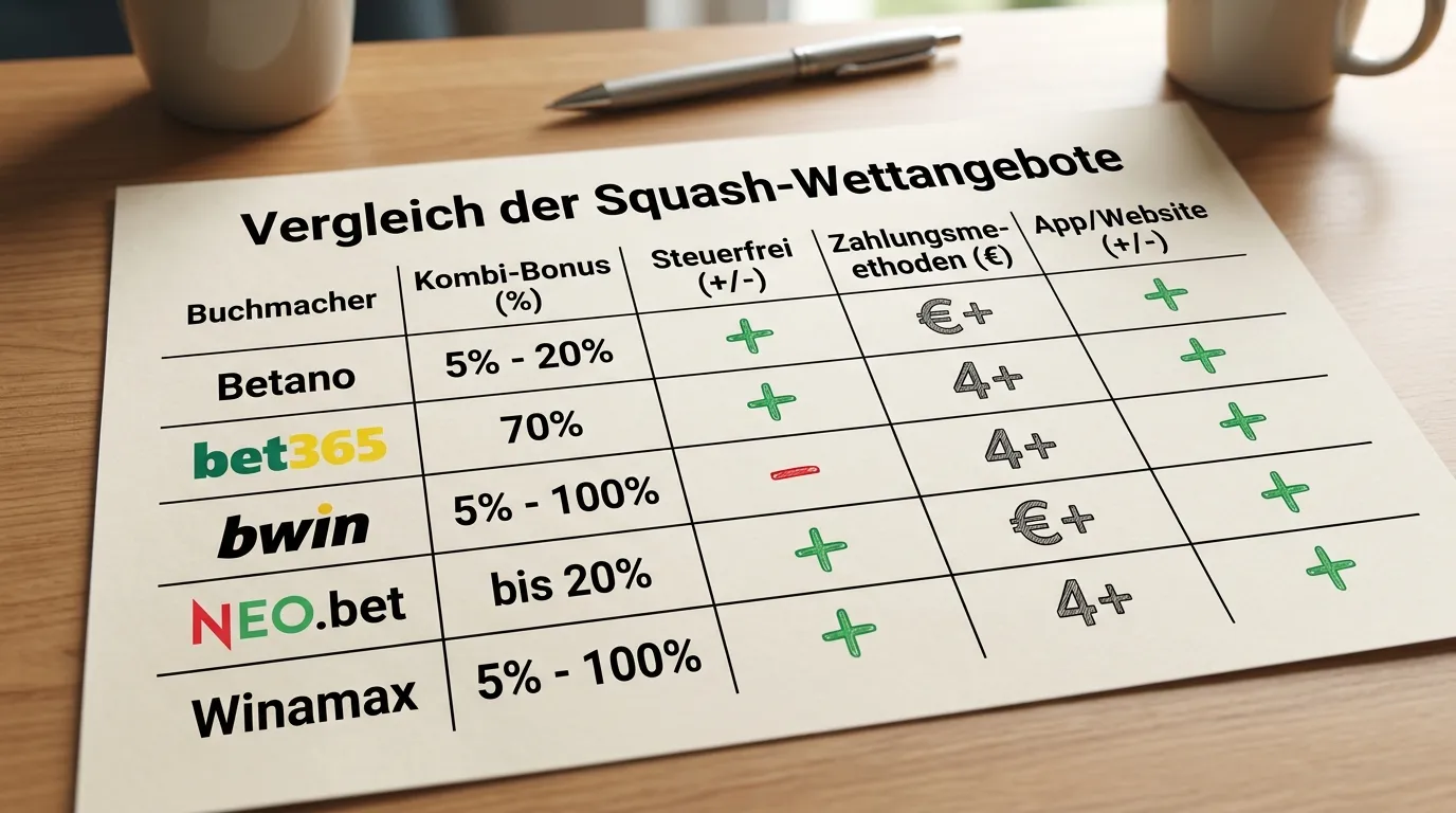 Vergleich GGL-lizenzierter Buchmacher für Squash Kombiwetten nach Kombi-Boost und Wettsteuer