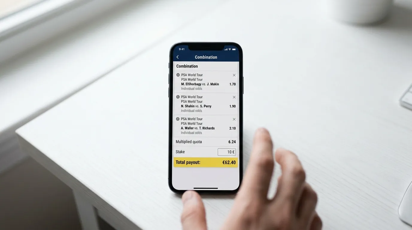 Squash Kombiwetten Wettschein mit mehreren PSA-Match-Tipps auf einem Smartphone-Bildschirm