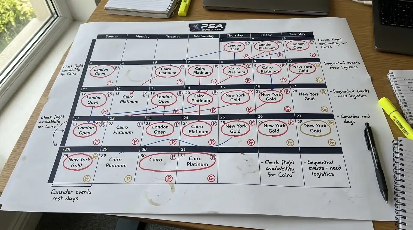 Squash Turnierkalender für Kombiwetten nutzen – mehrere PSA-Events strategisch planen und kombinieren