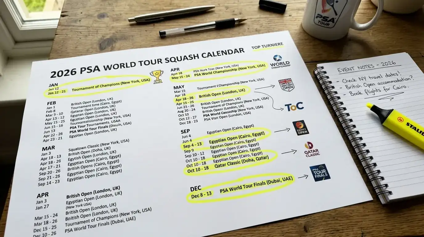 Die wichtigsten PSA World Tour Turniere 2026 für Squash Kombiwetter – Platinum Events und Terminplanung
