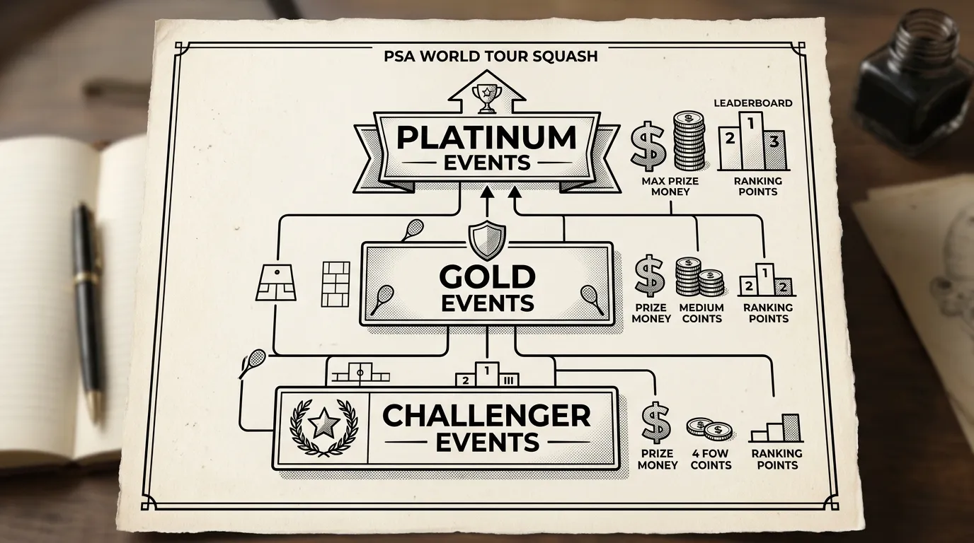 PSA World Tour Turnierstruktur – Platinum, Gold und Challenger Events im Überblick für Squash Kombiwetter