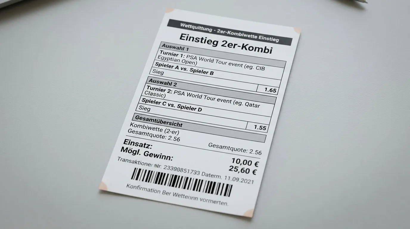 Einstieg in die Squash 2er-Kombiwette: zwei PSA-Matchsieger-Tipps auf verschiedenen Turnieren auf einem Wettschein