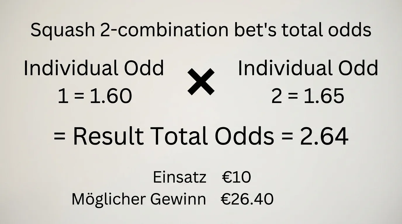 Berechnung der Gesamtquote einer Squash 2er-Kombiwette: Multiplikation zweier Einzelquoten mit Einsatz und potenziellem Gewinn