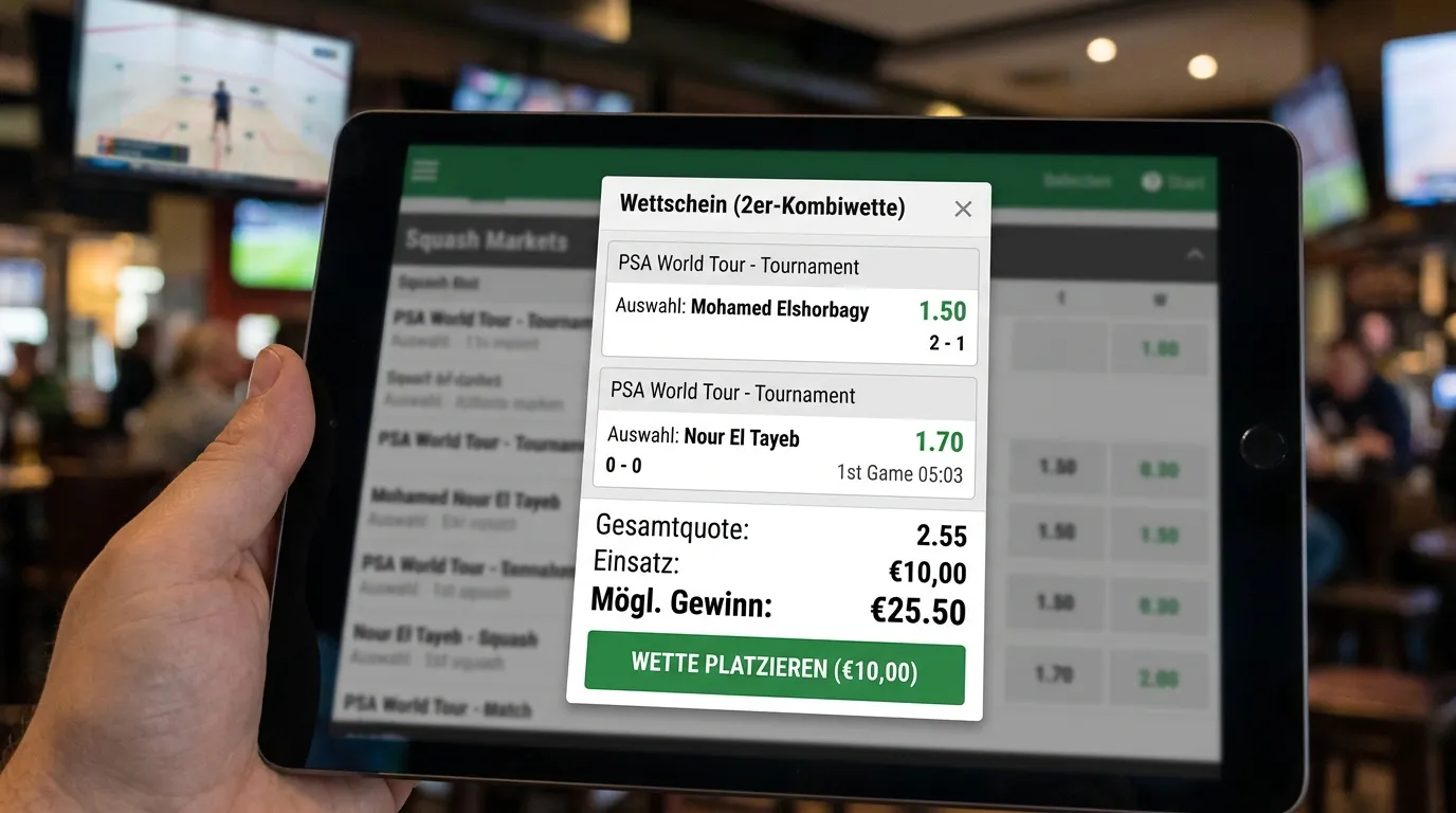 Squash 2er-Kombiwette für Einsteiger: zwei kombinierte PSA-Matchtipps auf einem digitalen Wettschein