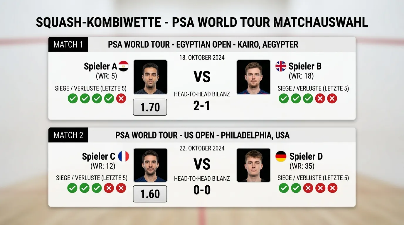PSA World Tour Matchauswahl für eine 2er-Squash-Kombiwette: zwei Spielerpaarungen mit Quoten und Weltranglisten-Positionen