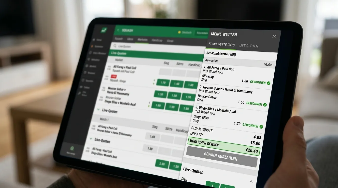 Squash 3er-Kombiwette: drei kombinierte PSA-Matchtipps auf einem digitalen Sportwetten-Wettschein mit Gesamtquote