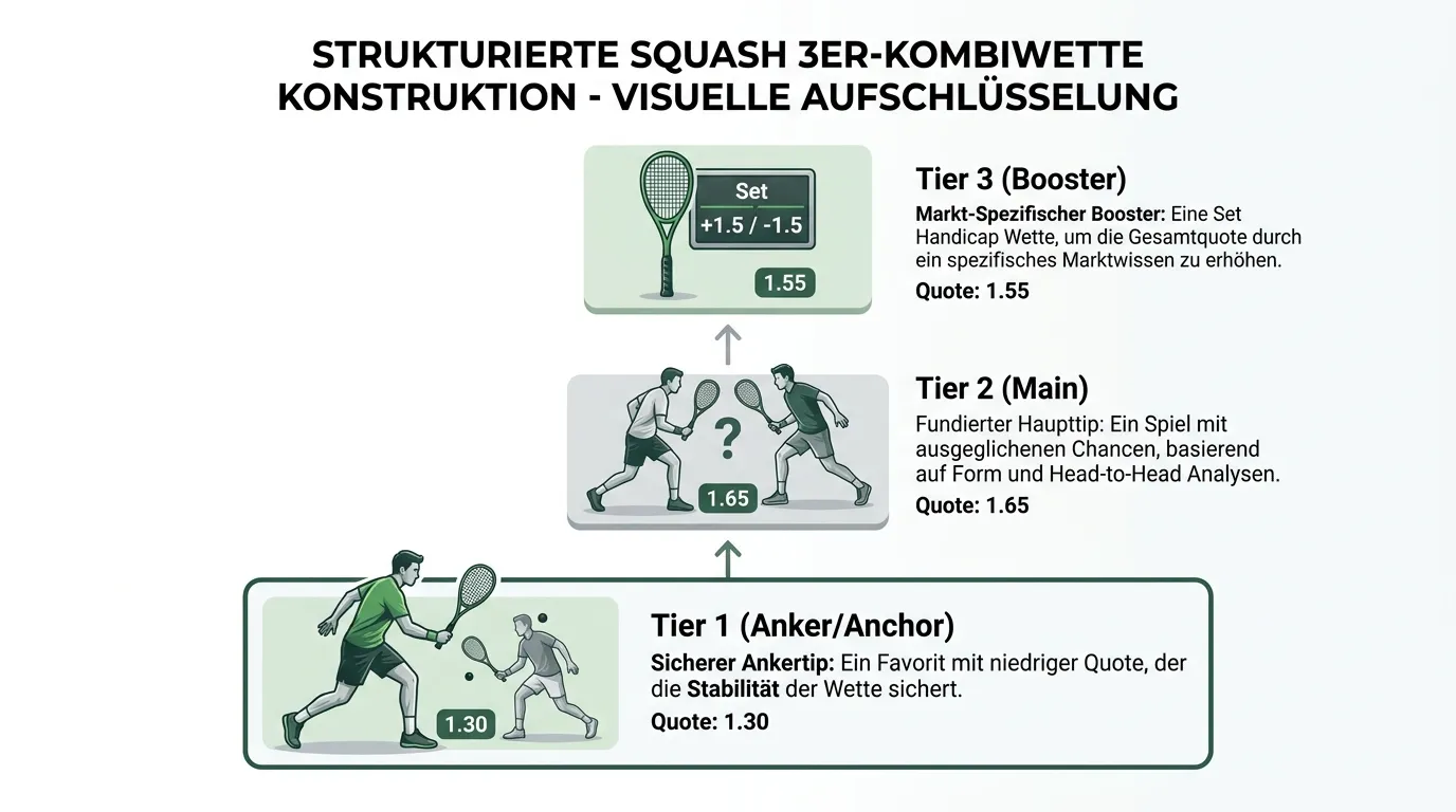 Konstruktion einer Squash 3er-Kombiwette: drei Tierebenen mit Ankertyp, Haupttip und Booster-Auswahl