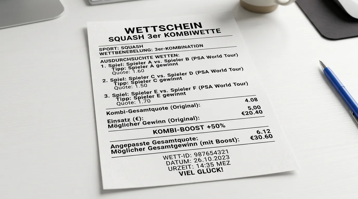 Beispiel-Wettschein einer Squash 3er-Kombiwette mit drei Matchsieger-Tipps, Einzelquoten und erhöhter Gesamtquote nach Kombi-Boost