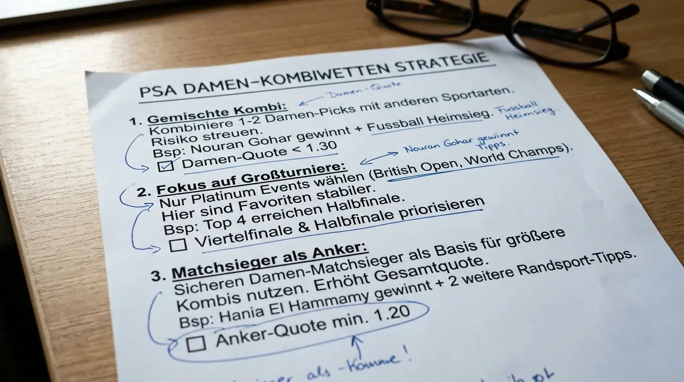 Kombinationsstrategie PSA Damen-Squash – gemischte Kombiwetten und Fokus auf Platinum-Events für bessere Marktabdeckung