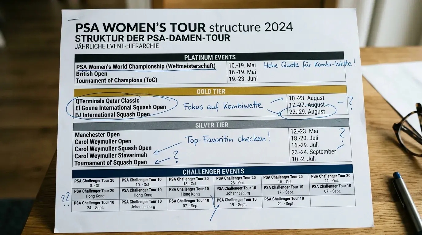 PSA Damen Tour Struktur – Turnierklassen und Wettfenster der Women's Squash Tour für Kombiwetten