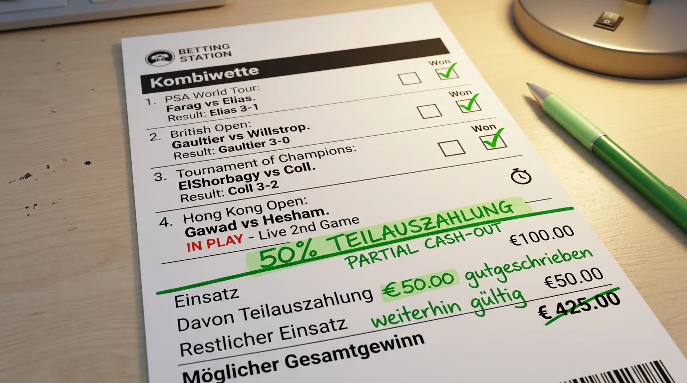 Teil-Cash-Out bei Squash-Kombiwetten: Aufteilung zwischen vorzeitiger Sicherung und weiterem Verlauf