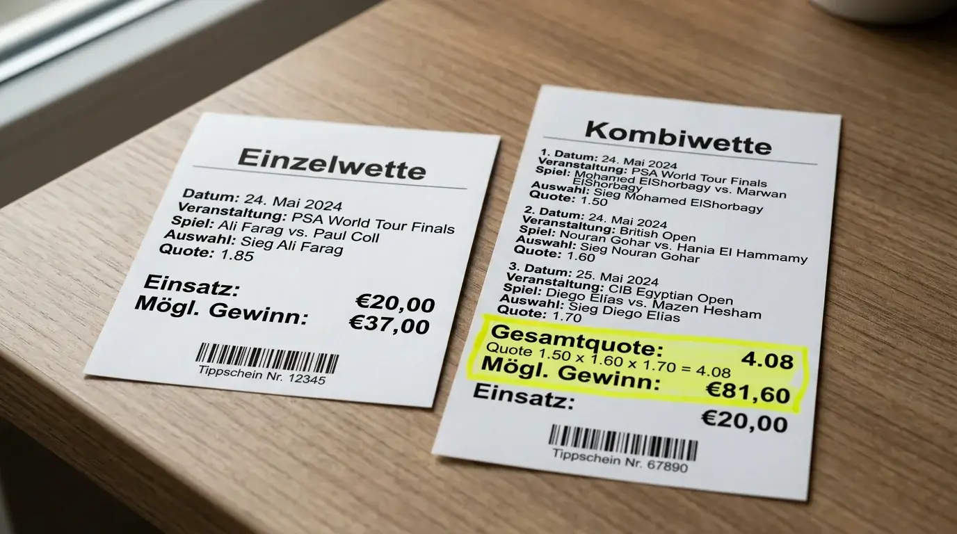 Vergleich Einzelwette und Squash Kombiwette auf einem Wettschein – Quotenmultiplikation und Risikoprinzip