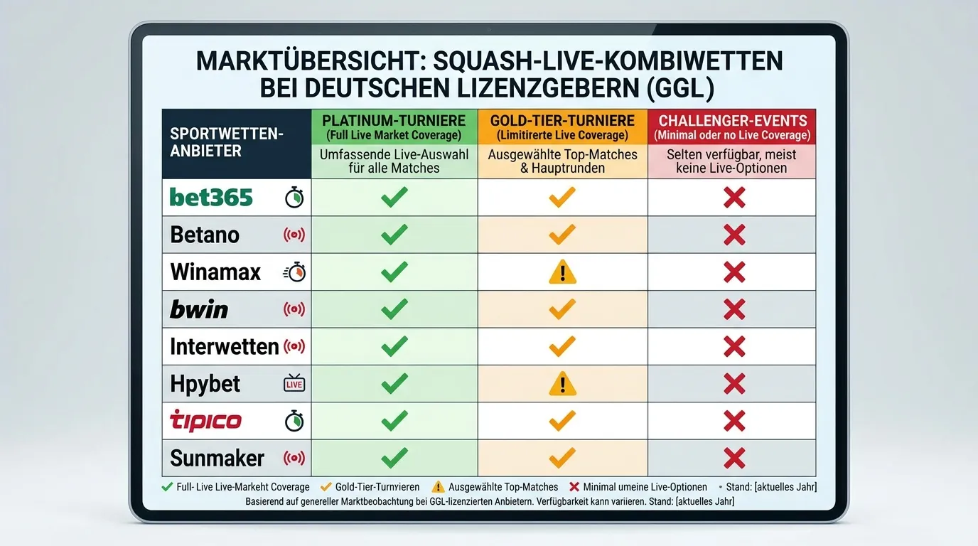 Verfügbarkeit von Squash Live-Kombiwetten bei deutschen GGL-Anbietern: Marktübersicht für PSA Platinum und Gold Events