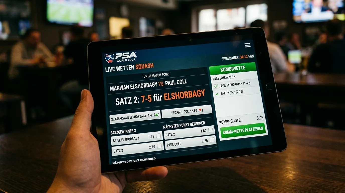 Squash Live-Kombiwetten auf PSA-Matches: In-Play Wettoptionen auf einem digitalen Sportwetten-Interface