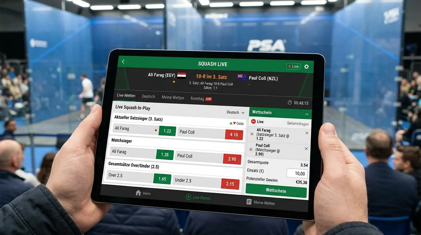 In-Play Märkte für Squash Live-Kombiwetten: aktuelle Matchsieger- und Satzsieger-Optionen bei laufenden PSA-Matches