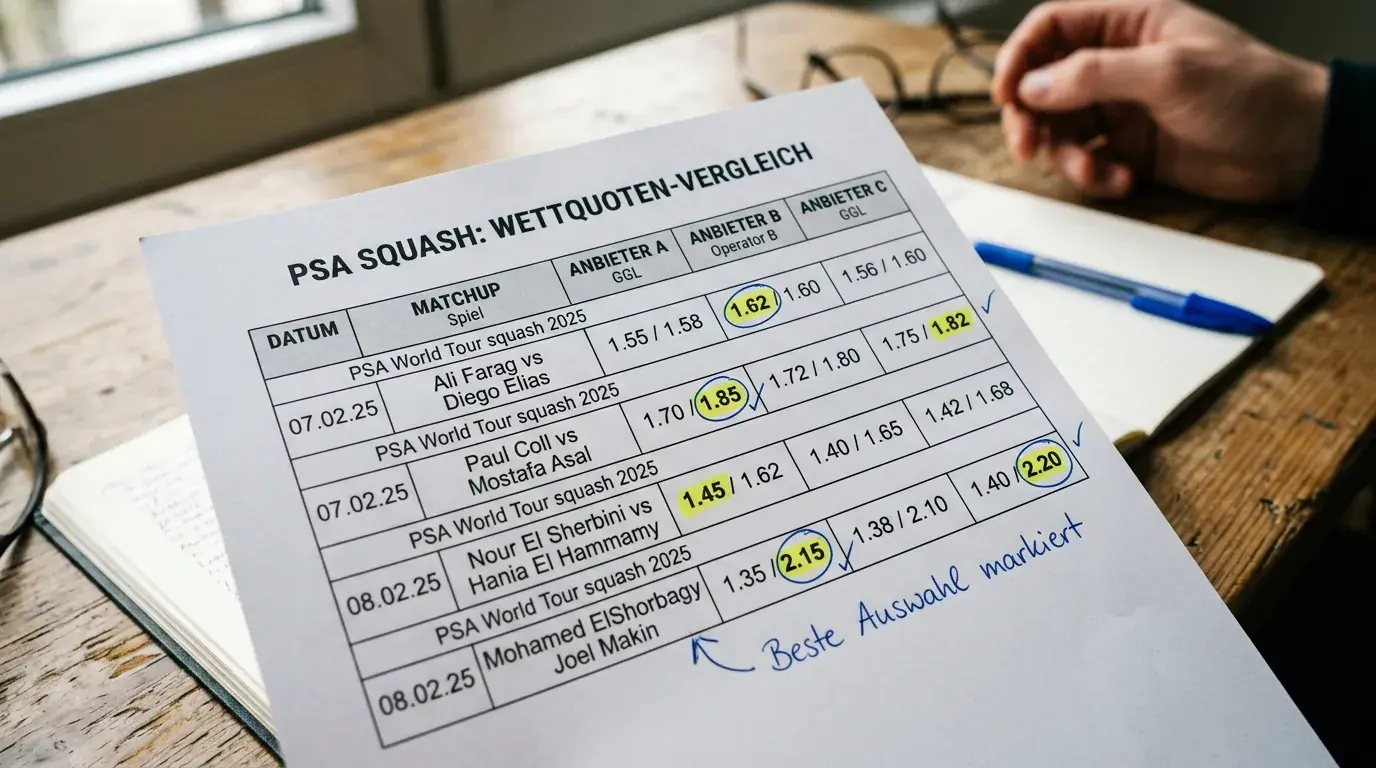 Anbietervergleich Squash Quoten – mehrere GGL-Buchmacher im direkten Quotenvergleich für Squash-Kombiwetten