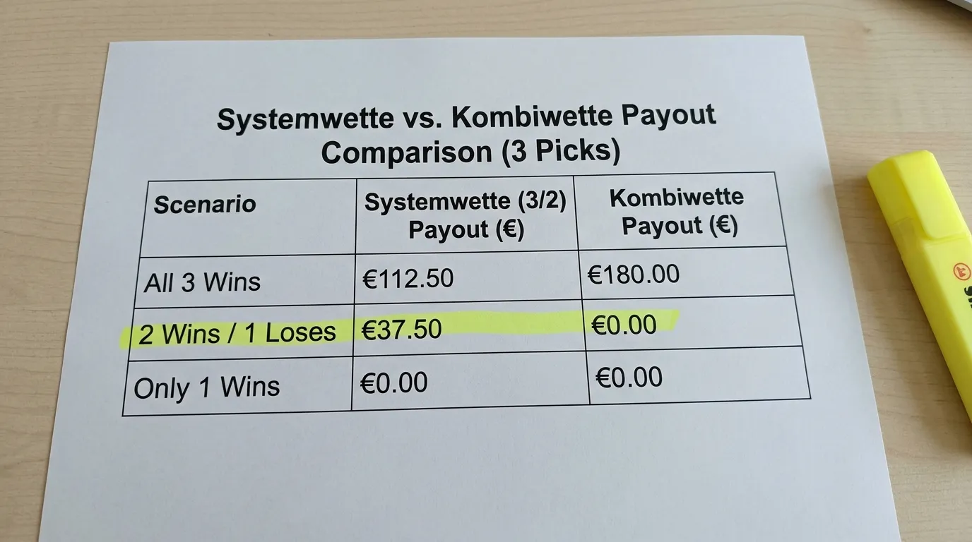 Direktvergleich Systemwette und Kombiwette bei Squash: Auszahlungstabelle mit identischen drei Tipps