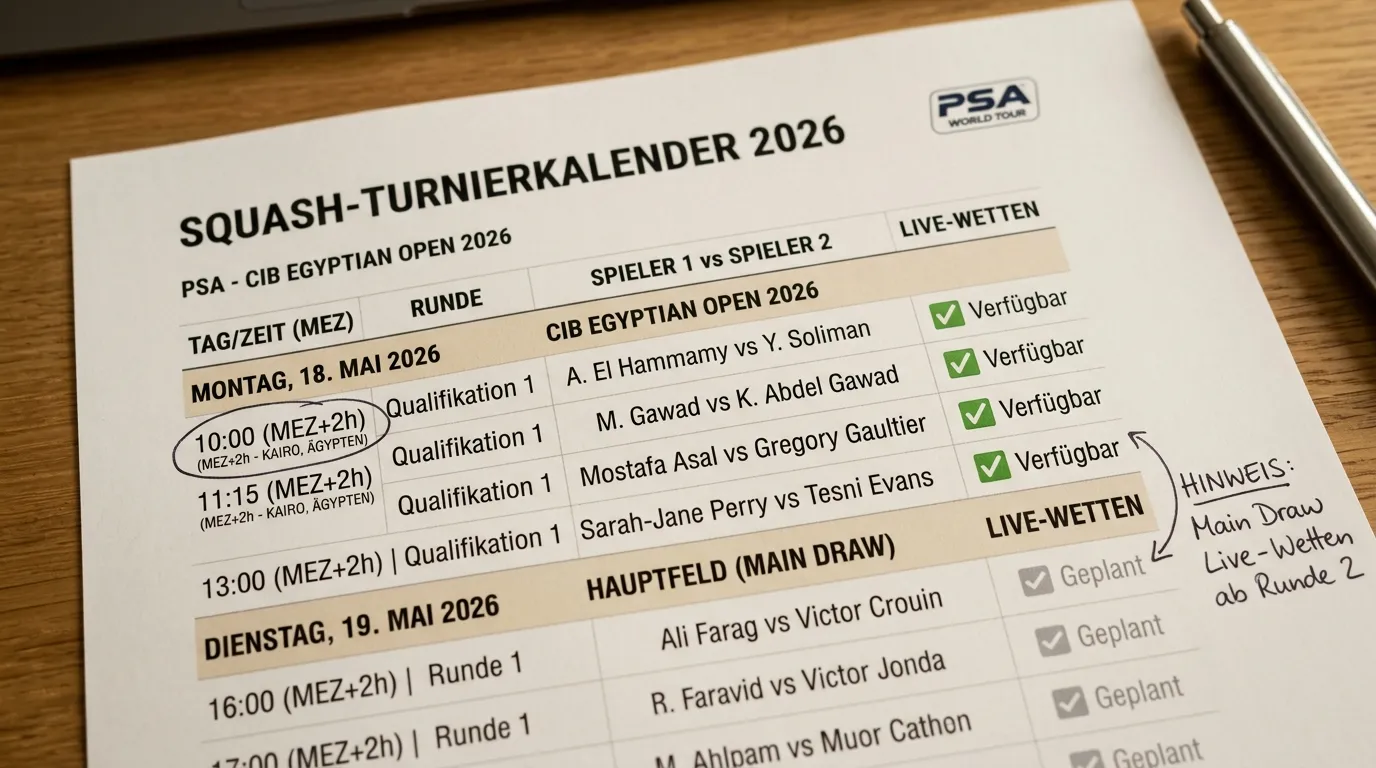Squash Live-Wetten Zeitplanung 2026: PSA-Events und verfügbare In-Play-Fenster für Kombiwetter