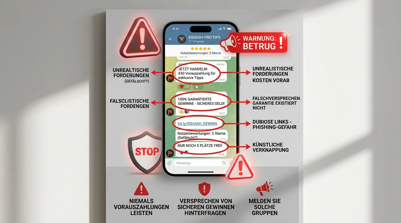 Telegram Tipp-Scam Warnung für Squash Kombiwetten – Betrugsmasche bezahlte Tipster-Dienste erkennen und meiden