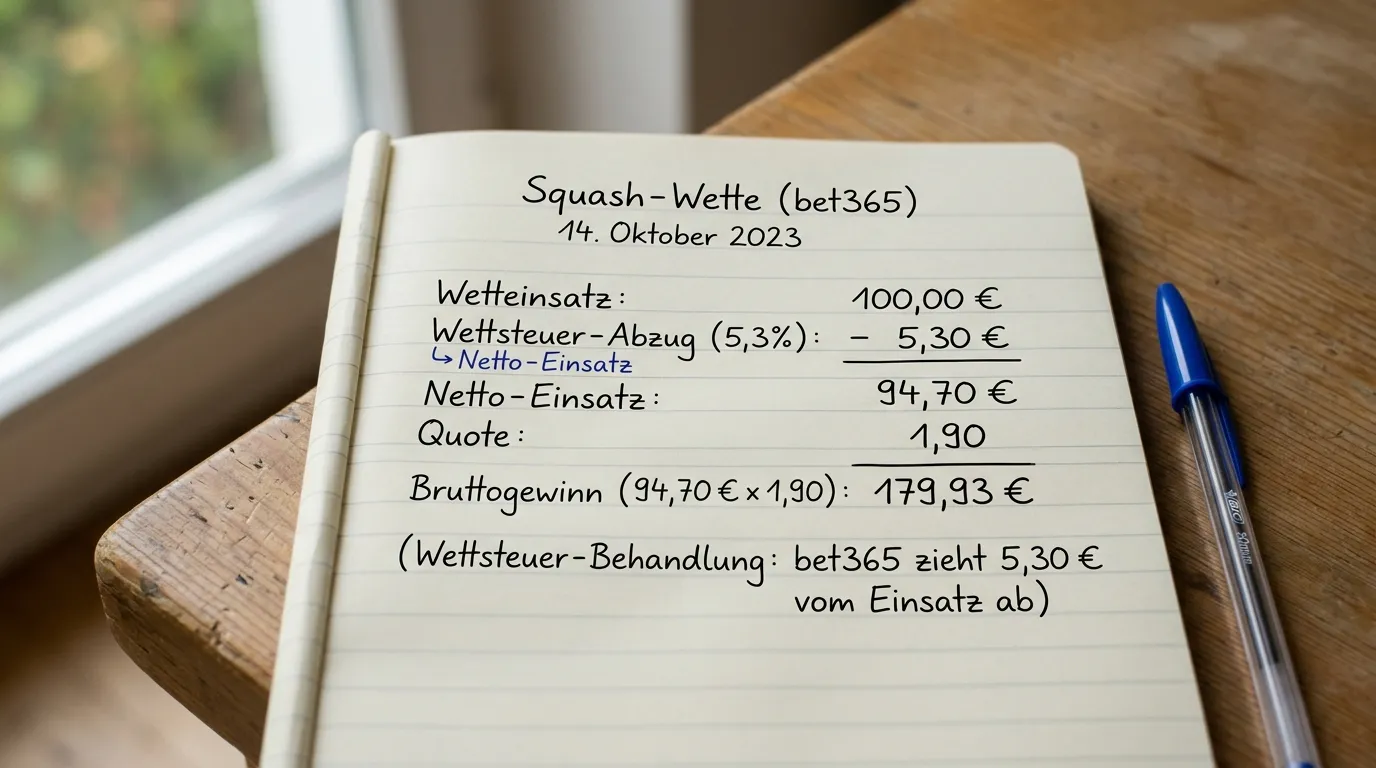 Wettsteuer-Behandlung bei bet365 – 5,3 Prozent Spieleinsatz-Steuer für Squash Kombiwetten