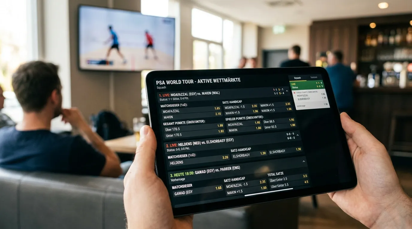 Squash Wettmärkte erklärt: Wettoptionen für PSA-Matches auf einem digitalen Sportwetten-Interface