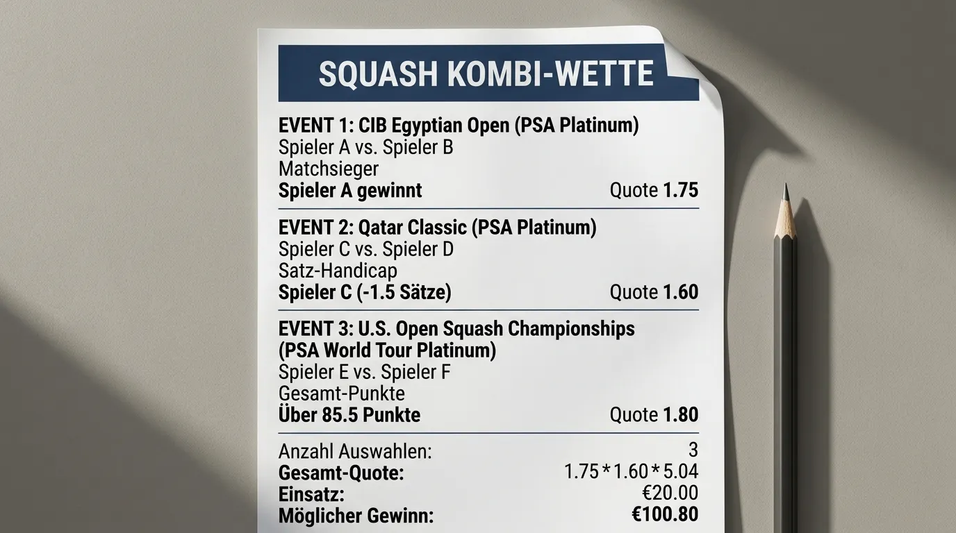 Marktauswahl für Squash-Kombiwetten: Kombination aus Matchsieger und Satz-Handicap auf verschiedenen PSA-Events