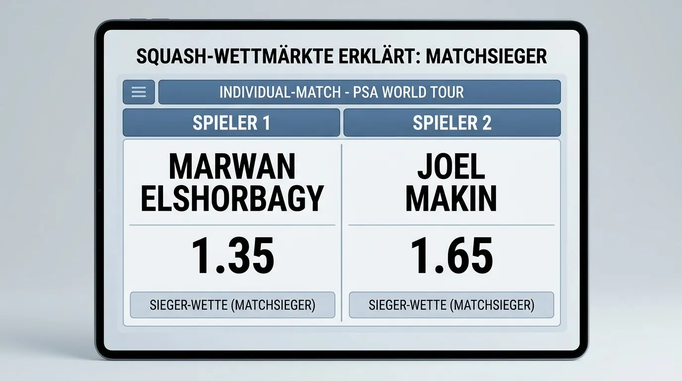 Matchsieger-Markt bei einer PSA Squash Partie: zwei Spieleroptionen mit Quoten auf einem Wettschein