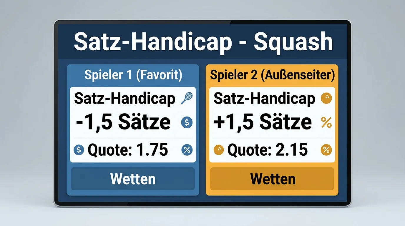 Satz-Handicap-Markt beim Squash: Spieler mit virtuellem Vorsprung von -1,5 Sätzen auf einem Wettanbieter-Display