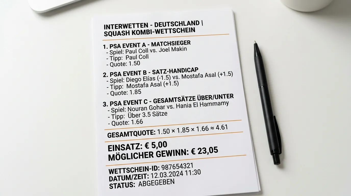 Fertig aufgestellter Squash-Kombiwettschein mit Matchsieger und Over/Under Tipps auf verschiedenen PSA-Events