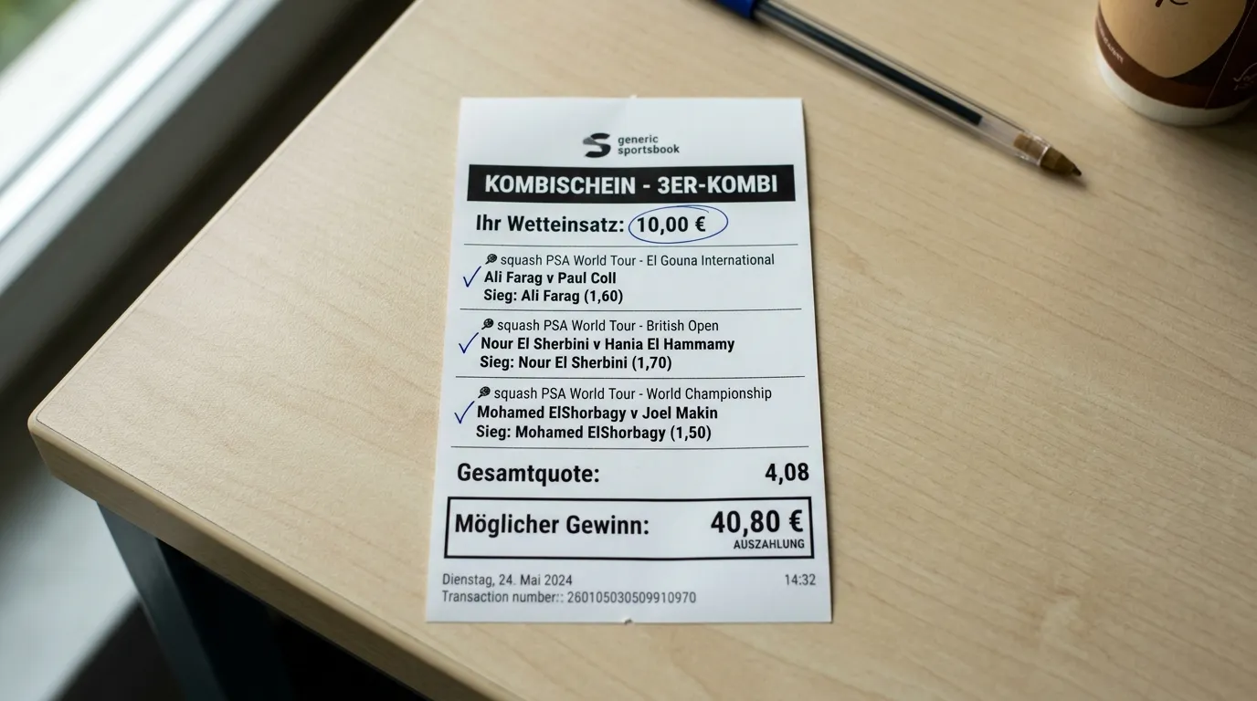 Ausgefüllter Wettschein mit einer 3er-Kombiwette auf drei PSA-Squash-Matches und berechneter Gesamtquote
