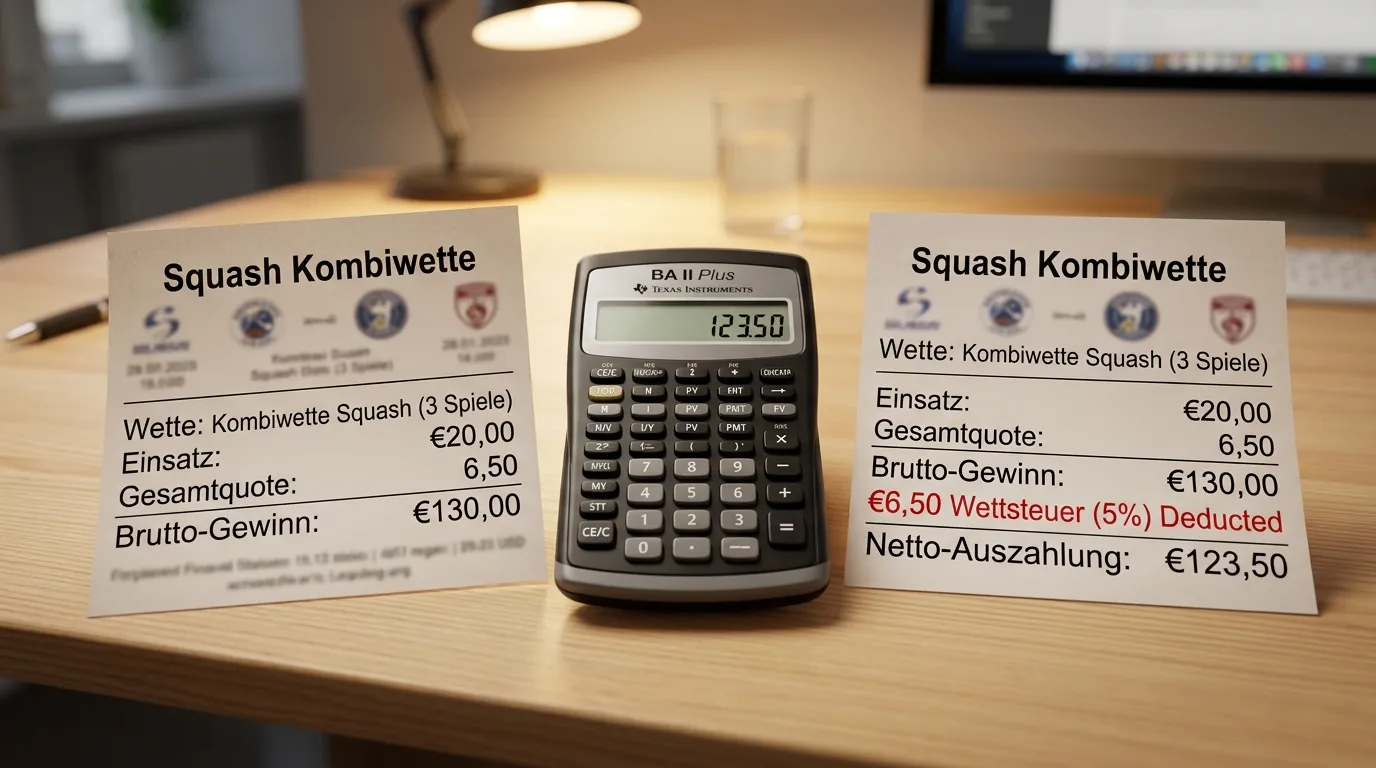 Auswirkung der 5,3 % Wettsteuer auf Squash-Kombiwetten: Beispielrechnung mit Gesamtquote