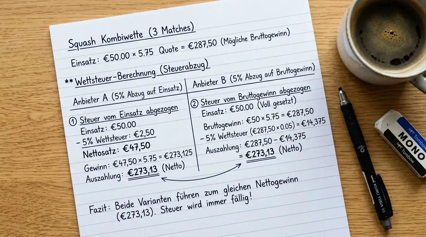 Rechenbeispiel: Squash-Kombiwette mit und ohne 5,3 % Wettsteuer – Auszahlungsvergleich