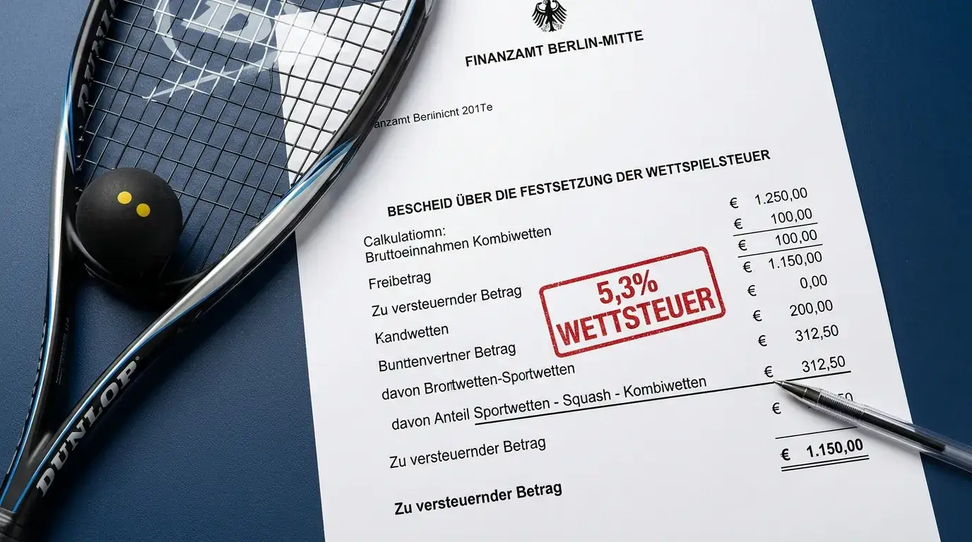 Wettsteuer auf Squash Kombiwetten in Deutschland: 5,3 % Einsatzsteuer erklärt für deutsche Spieler